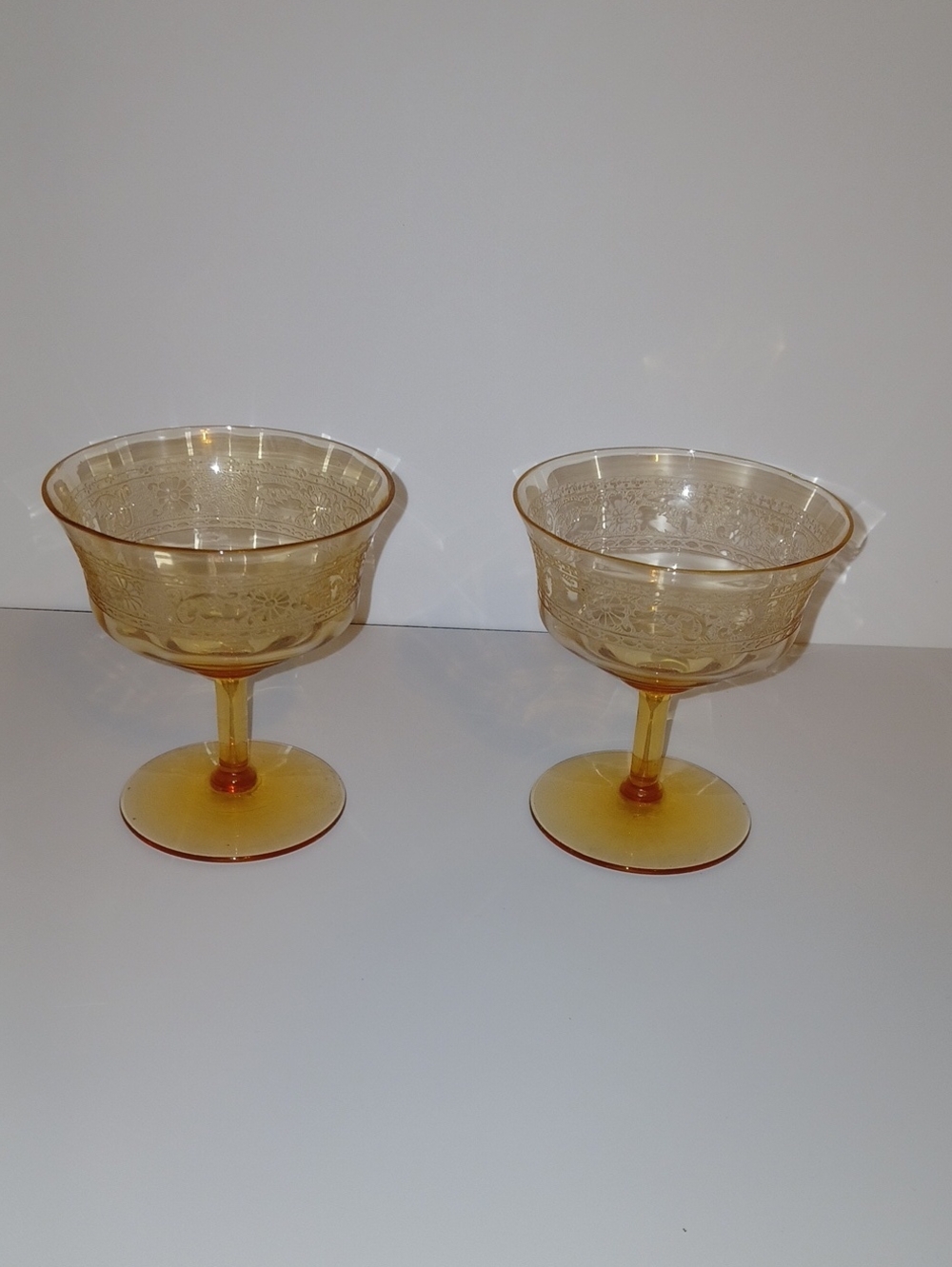 Set of 2 Amber Etched Glass Dessert Coupes